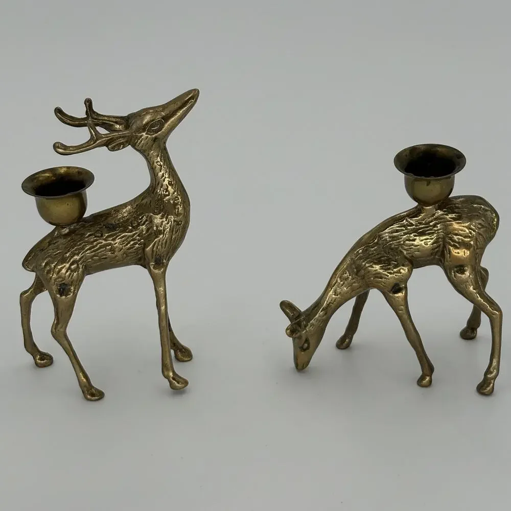 Solid Brass Stag Buck and Doe Candlestick Holders Vintage Holiday Figurines